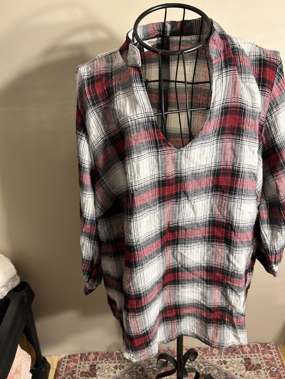size 1x womens black red white plaid print casual dress shirt top blouse 1 x